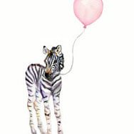 Watercolor painting of a zebra with a balloon