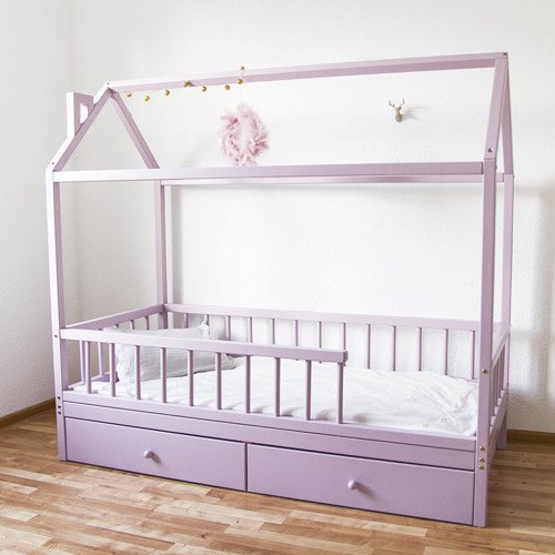 Montessori Wood House Bed Crib With Removable Railing And Drawers