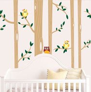 Birch Tree With Colorful Owls Wall Decal