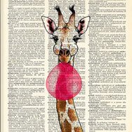 Giraffe with bubblegum print on dictionnary paper