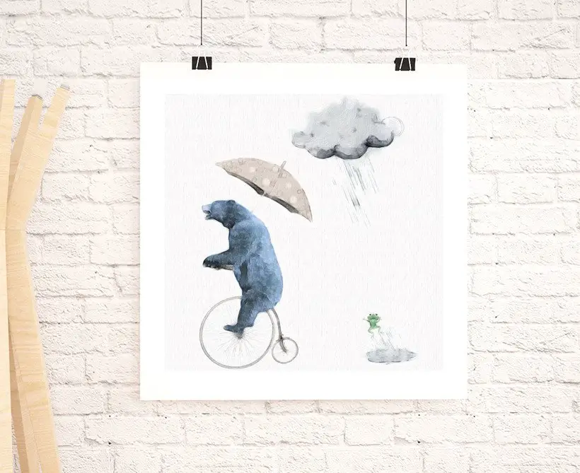 Bear on Old School Bike Under the Rain Painting