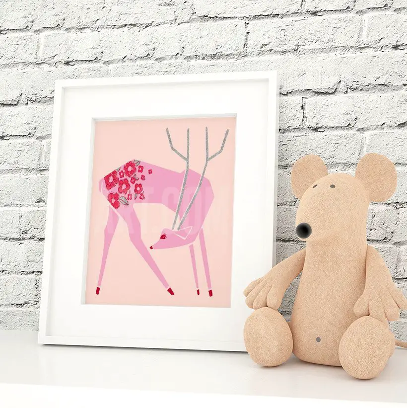 Deer on Pink Background Print)