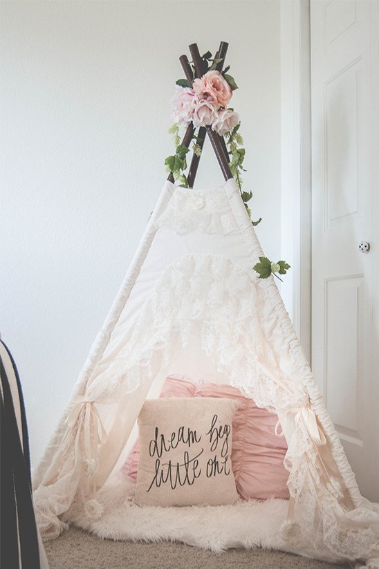 Gypsy style teepee in boho girl bedroom