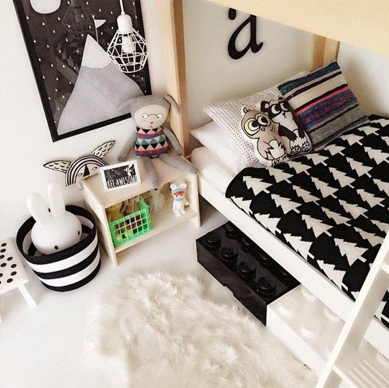 Black and white color decor with bunkbed in boys bedroom