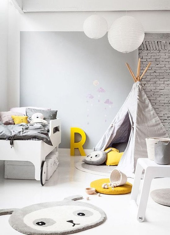 Grey Tones Yellow Accent Kid Room