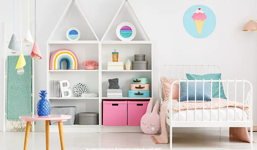 Storage in coloful kid room