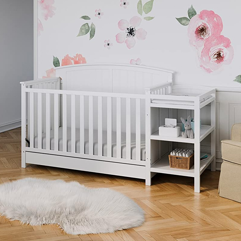 Modern White Convertible Crib With Drawers and Changing Table Combo