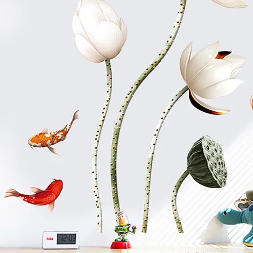 3d Lotus With Fish Wall Sticker