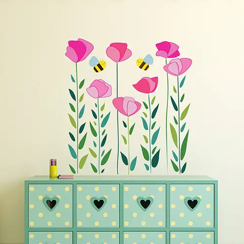 Pink Flowers and Bees Wall Decal