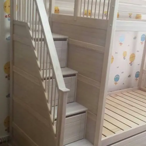 wooden bunk beds with stairs and drawers