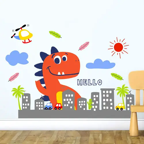 Cute red dinosaur in the city wall decal