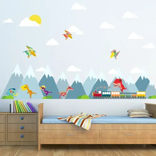 Dinosaur in the mountain with train wall decal