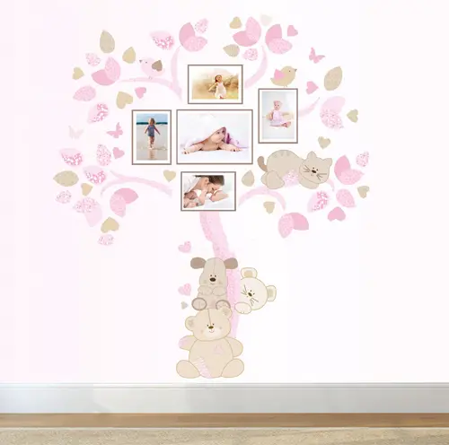 Pink family tree with cute animals