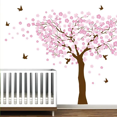 Birds flying and blowing leaves from cherry blossom tree wall decal