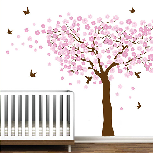 Birds flying and blowing leaves from cherry blossom tree wall decal