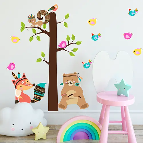 Colorful wall decal with a tall tree and cute animals