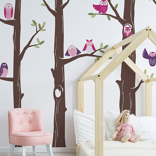 Forest of trees with owls wall decal