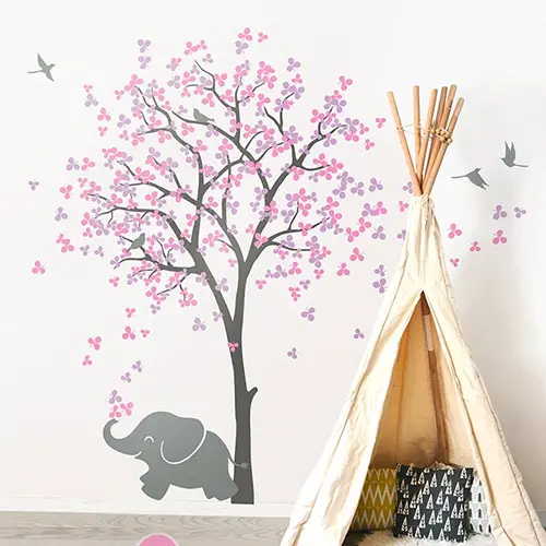 Pink tree with elephant and birds