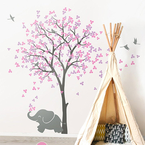 Pink tree with elephant and birds