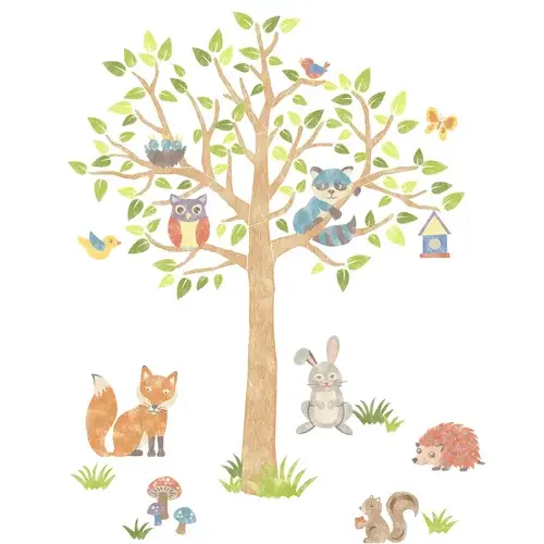 Tree with cute animals sitting on branches