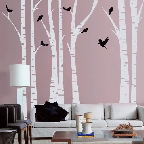 White birch trees silhouette with birds wall decal