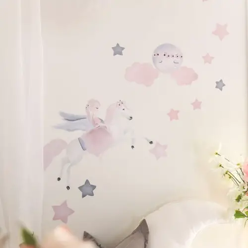 Girl Riding a Flying Unicorn in Magical Decor
