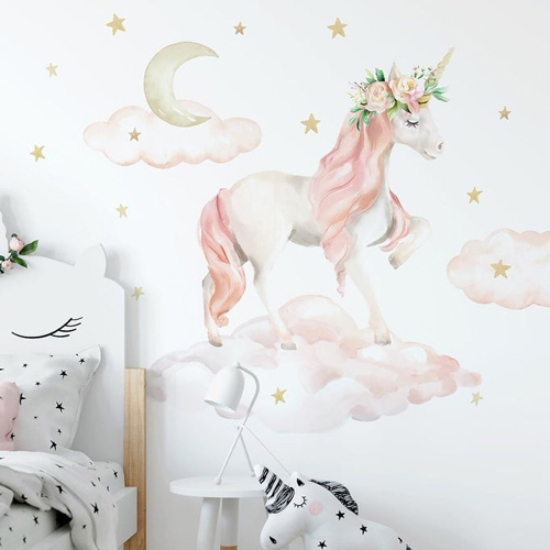 Pink Unicorn on Clouds and Gold Stars