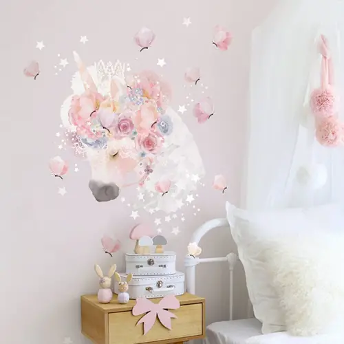 Pink Unicorn Head With Butterflies and Flowers
