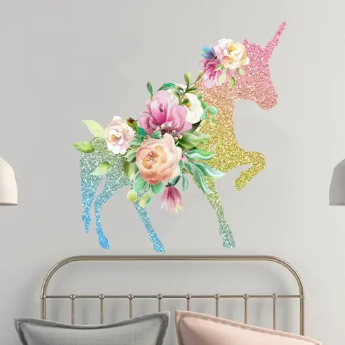 Unicorn Silouhette With Colorful Flowers and Glitters