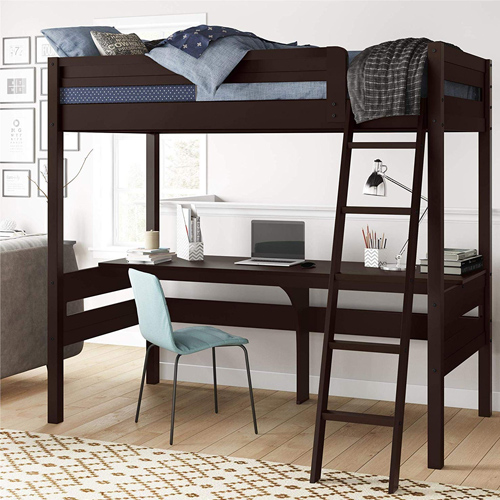 twin bed with desk under