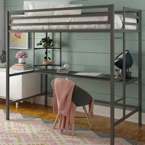 Metal Loft Bed with Shelves