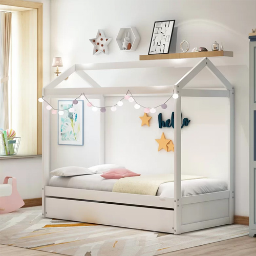 Audley wooden canopy twin bed with trundle