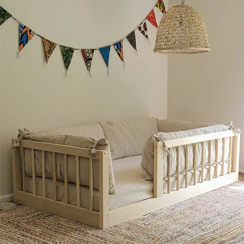Hardwood Montessori floor bed with detachable railings