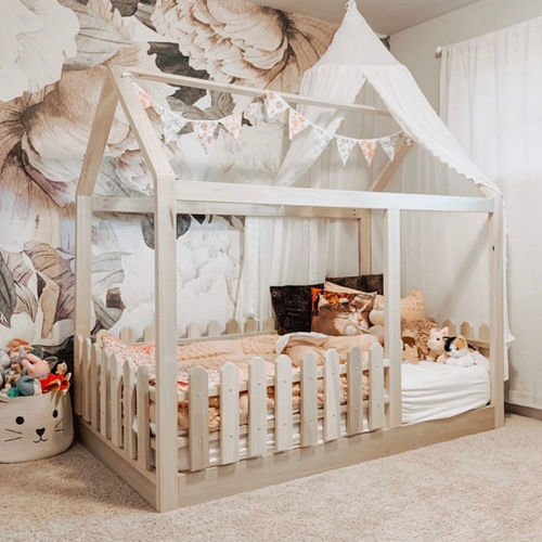 Wooden chimney house toddler floor bed