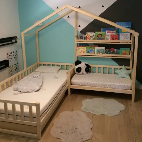 Wooden Montessori style bed for toddler, with slats