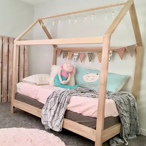 Wooden twin house toddler bed with slats