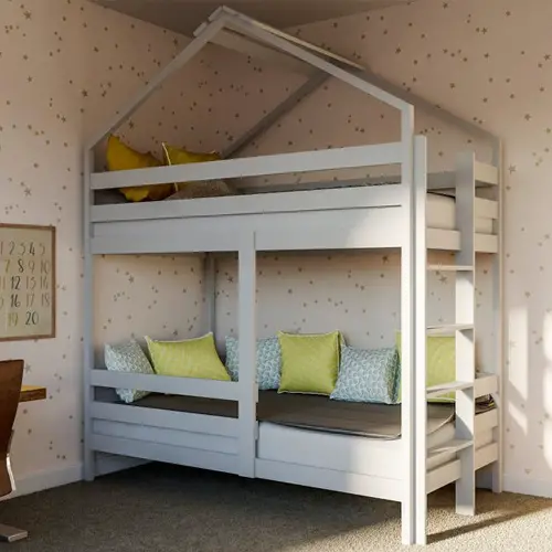 wooden twin-sized house-shaped loft bed with ladder