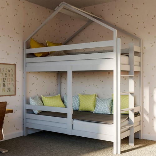 wooden twin-sized house-shaped loft bed with ladder