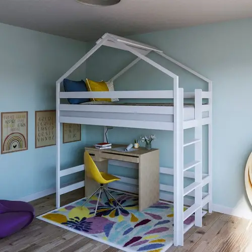 wooden twin-sized loft bed with ladder