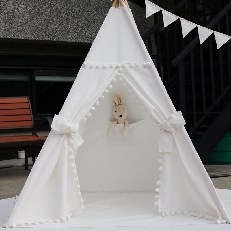 White Pompom Teepee With Storage Pocket Inside